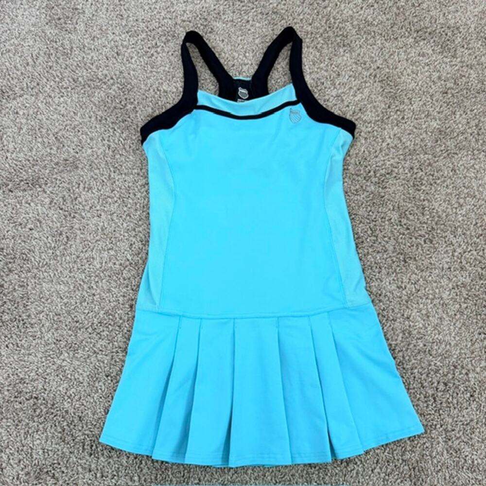 K-SWISS Tennis Dress Turquoise Blue Black Trim Pleat Shelf Bra Women's Medium